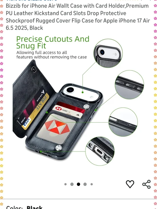 Premium Black Leather Wallet Case for iPhone 17 Air - Card Holder & Kickstand - Picture 3 of 9